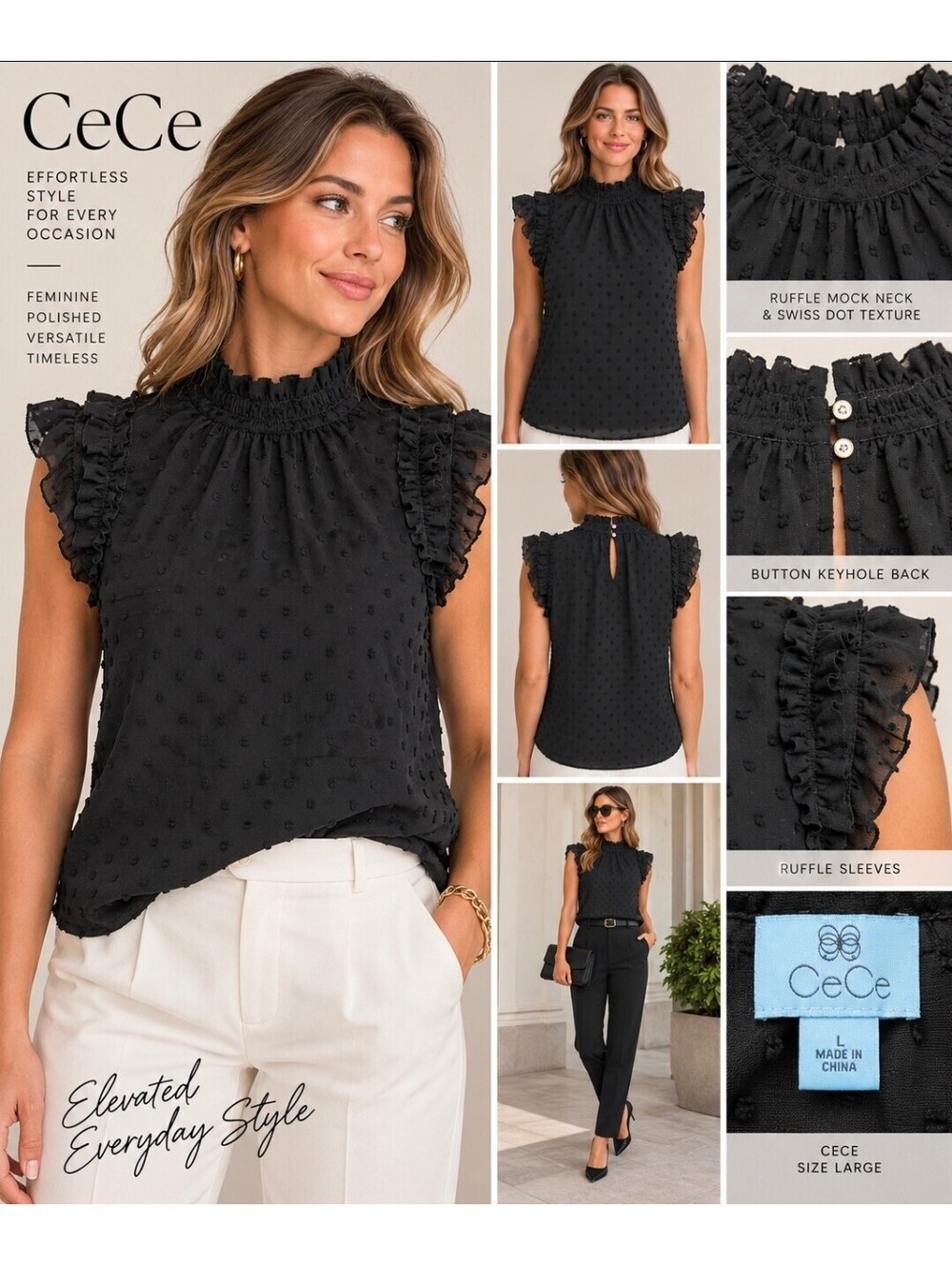CeCe Women’s Large Black Swiss Dot Ruffle Mock Neck Sleeveless Blouse Top
